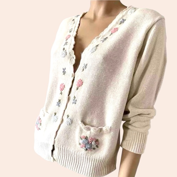 Vintage Sweater Floral Embroidered Button Up Cardigan Huntington Ridge Ramie - Picture 2 of 10